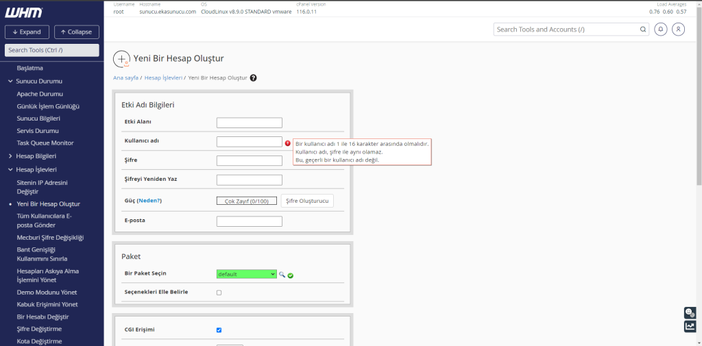 WHM Üzerinden cPanel Hesabı Oluşturma Adımları